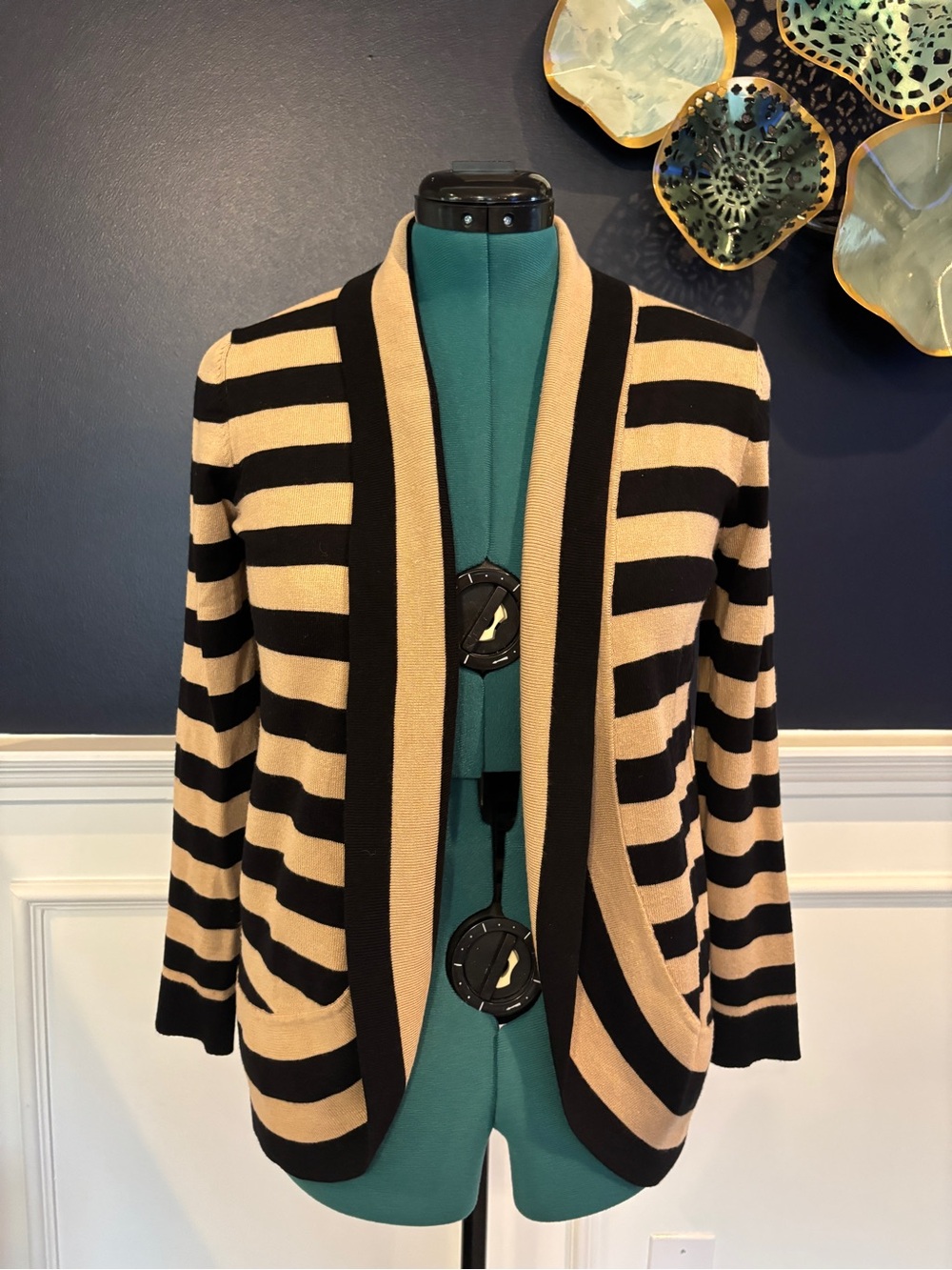 Striped Open Front Cardigan Sweater Beige & Black Women's Medium